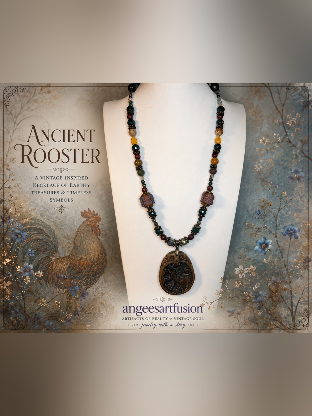 “Ancient Rooster” – Carved Stone & Artisan Beaded Statement Necklace